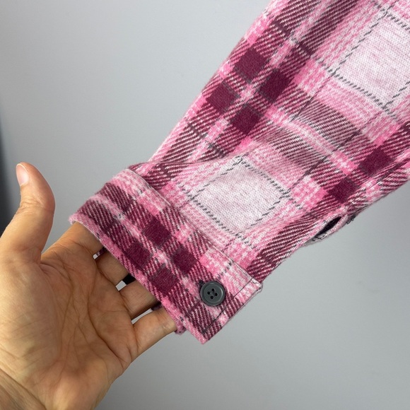 No Boundaries Pink & Gray Plaid Hooded Button & Zip Flannel Shirt Size Large - Picture 5 of 15
